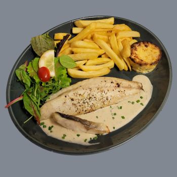 Image representing a Roasted fresh sea bass filet with french fries 
